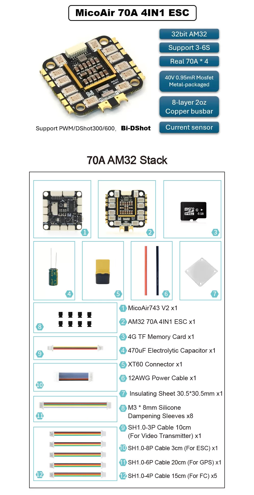 �˾���ũ MA743ST-V2-70A [MicoAir] ���ڿ��� H743 V2 ���� �Ƚ�ȣũ ���� ��Ʈ�ѷ� + 70A 4in1 AM32 ESC ���� �޺� 9