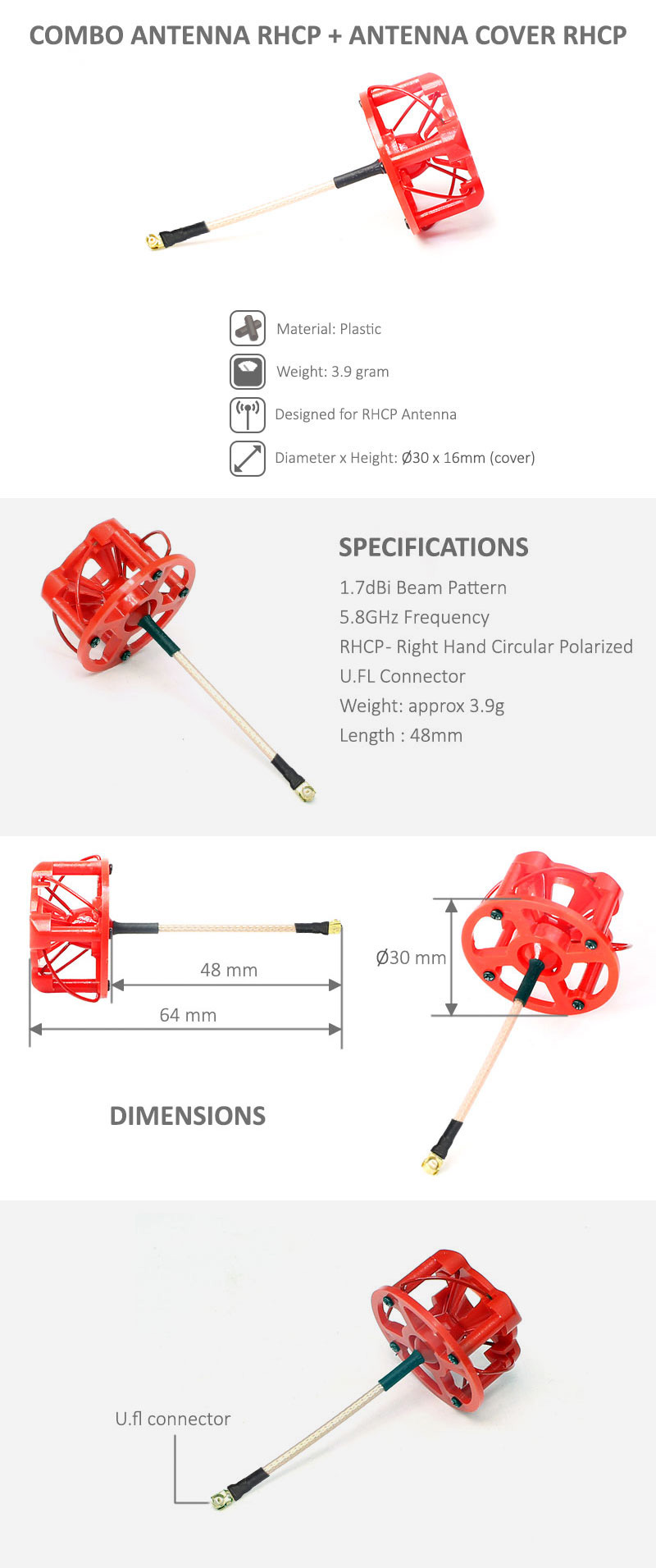 �˾���ũ FPV-RHCP48-RED [FuriousFPV] RHCP 48mm Stubby Antenna with Cover - Red, U.FL �� 1